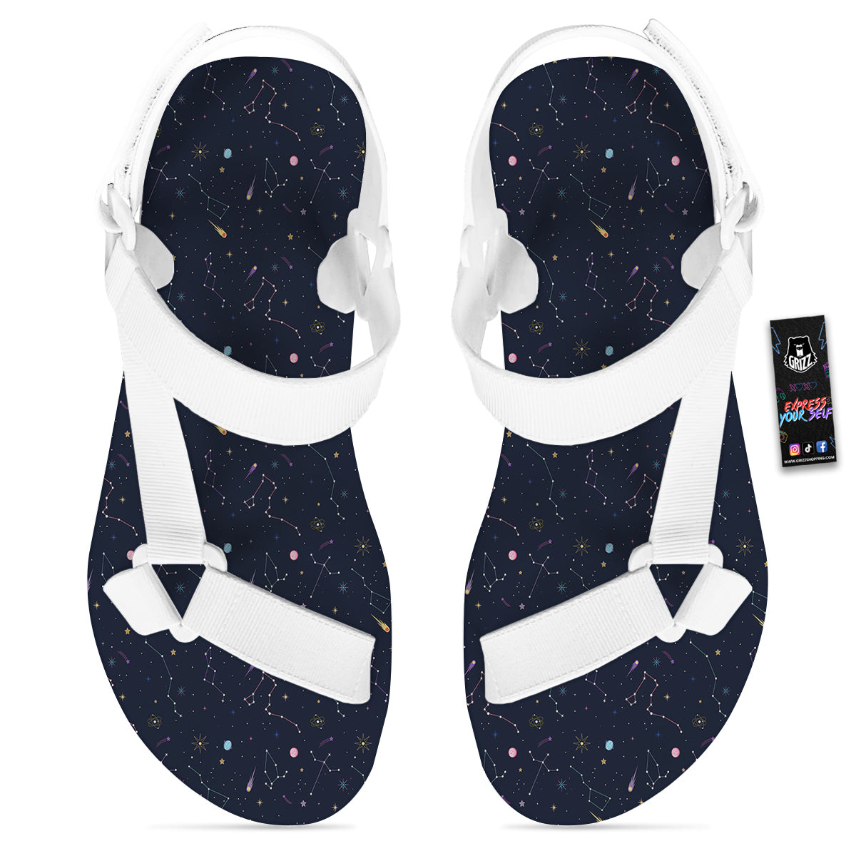 Galaxy Constellation Print Pattern White Open Toe Sandals-grizzshop