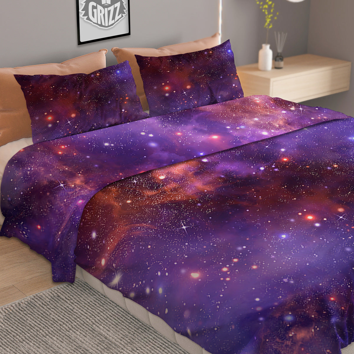 Galaxy Outer Space Dark Purple Print Duvet Cover Bedding Set