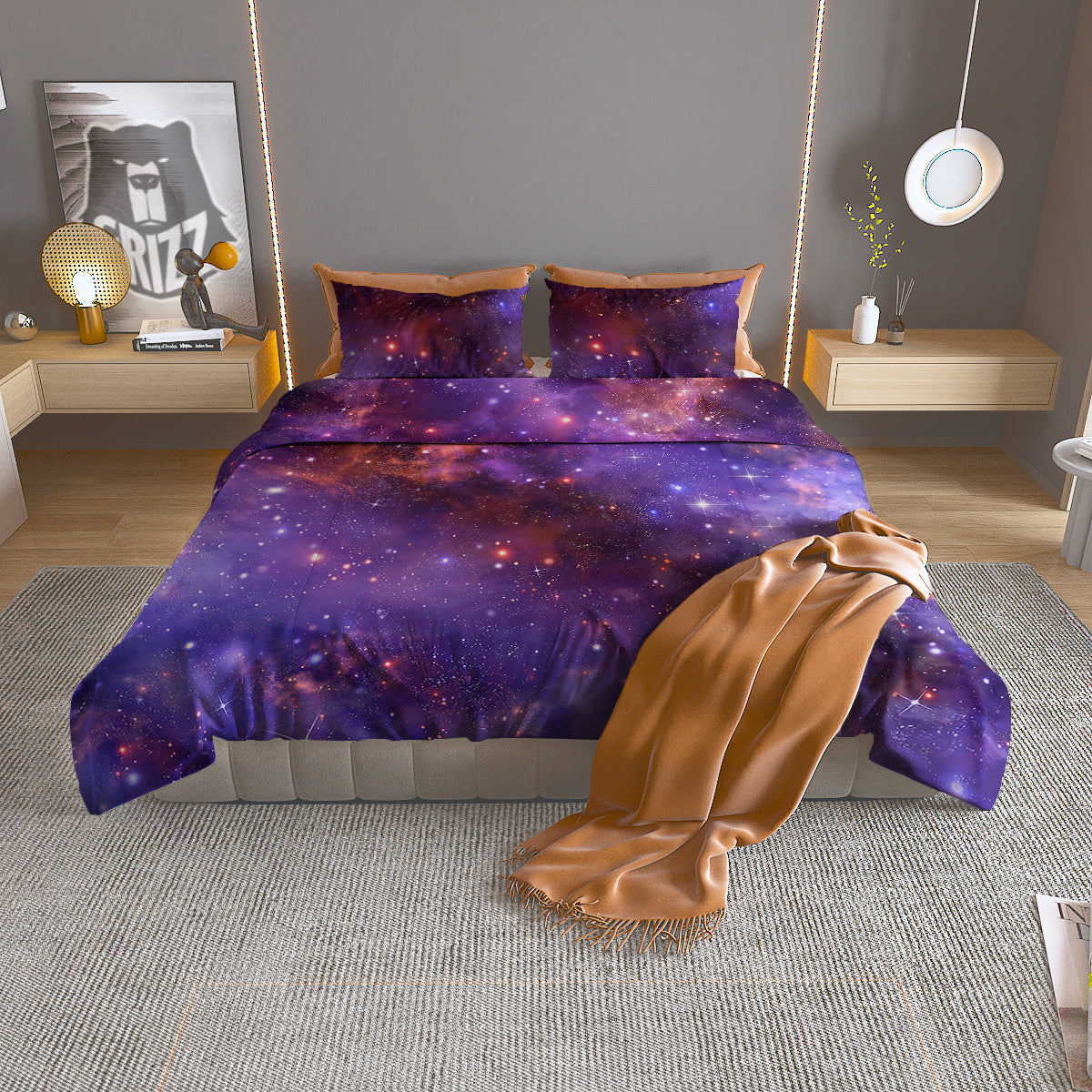 Galaxy Outer Space Dark Purple Print Duvet Cover Bedding Set