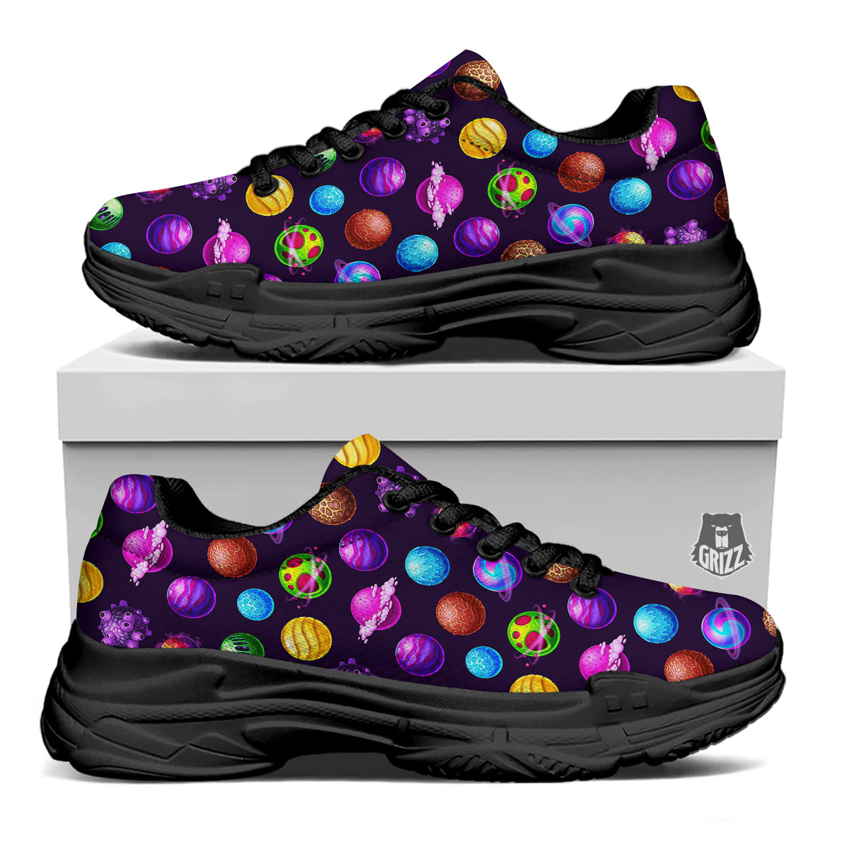 Galaxy Planets And Space Stars Colorful Print Pattern Black Chunky Shoes-grizzshop