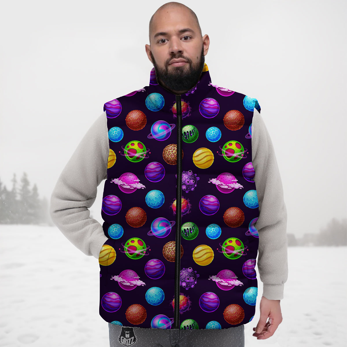 Galaxy Planets And Space Stars Colorful Print Pattern Down Vest