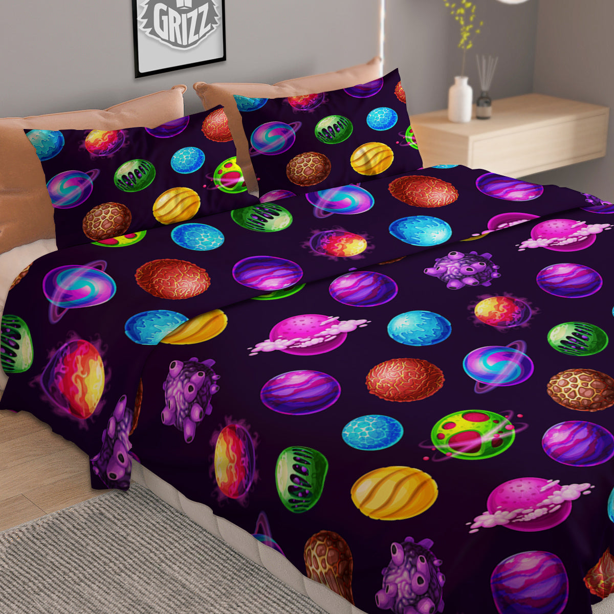 Galaxy Planets And Space Stars Colorful Print Pattern Duvet Cover Bedding Set