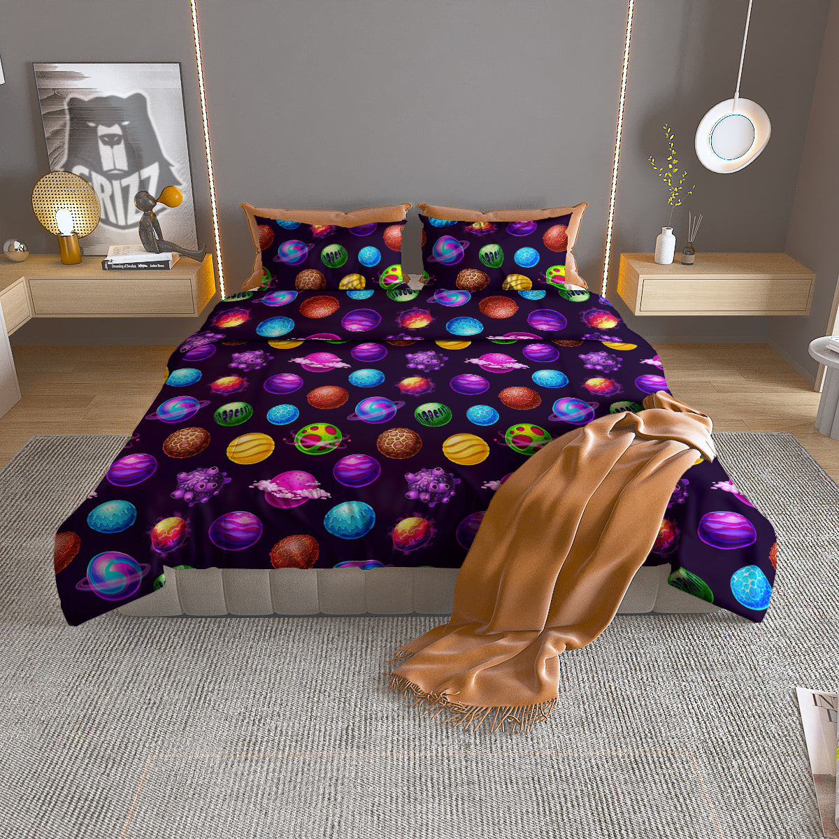 Galaxy Planets And Space Stars Colorful Print Pattern Duvet Cover Bedding Set