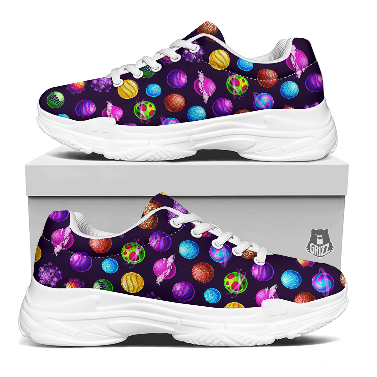 Galaxy Planets And Space Stars Colorful Print Pattern White Chunky Shoes-grizzshop