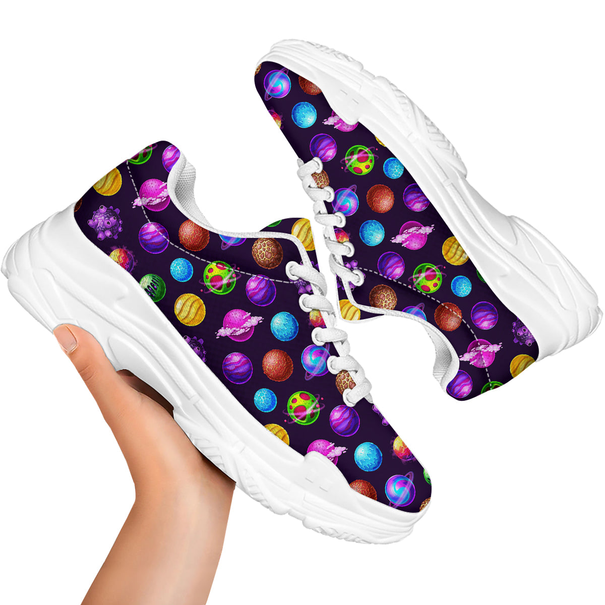 Galaxy Planets And Space Stars Colorful Print Pattern White Chunky Shoes-grizzshop