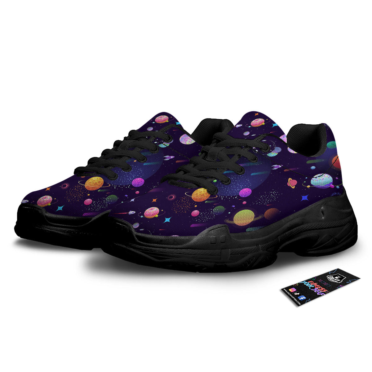 Galaxy Space Abstract Cartoon Print Black Chunky Shoes-grizzshop