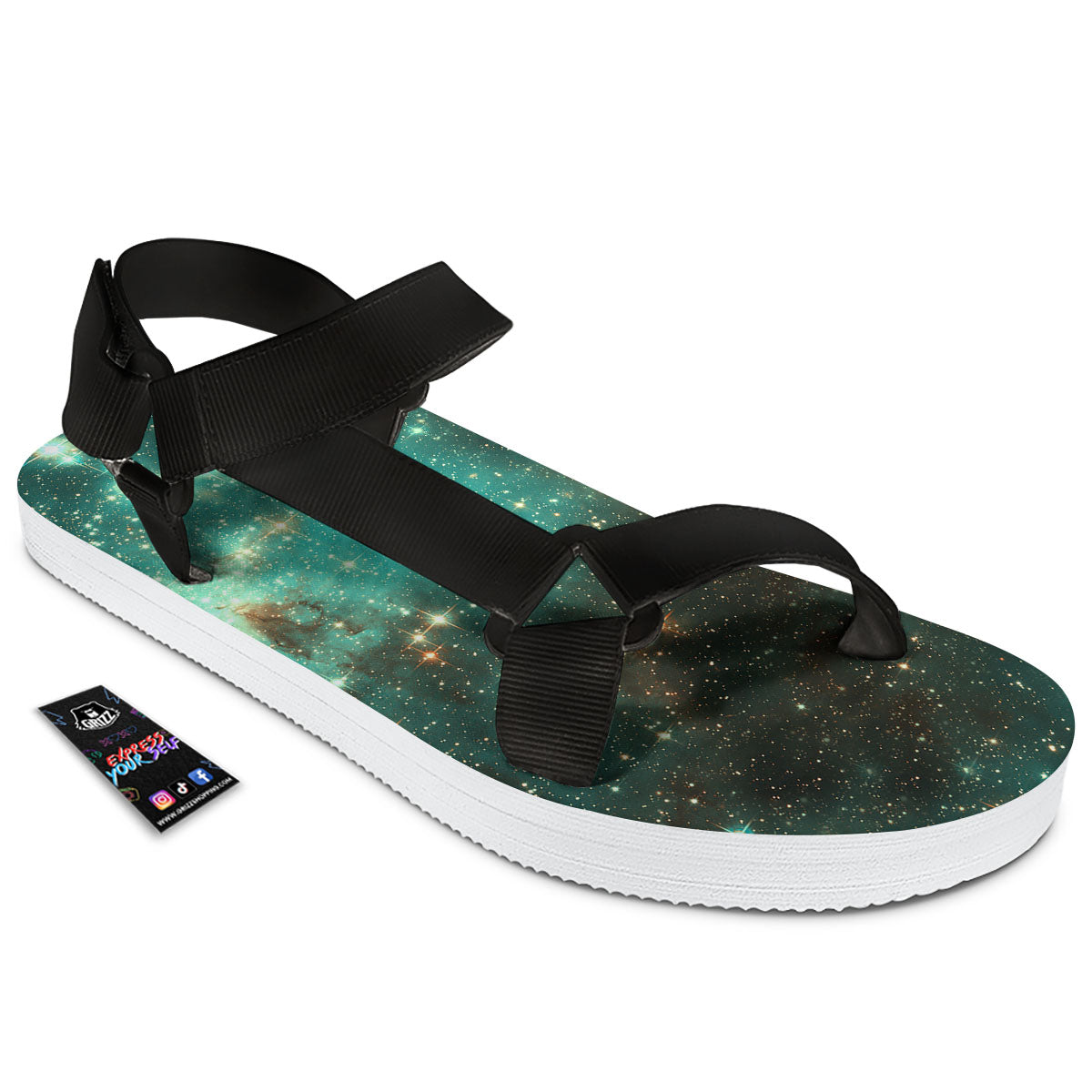 Galaxy Space Abstract Cloud Nebula Print Black Open Toe Sandals-grizzshop
