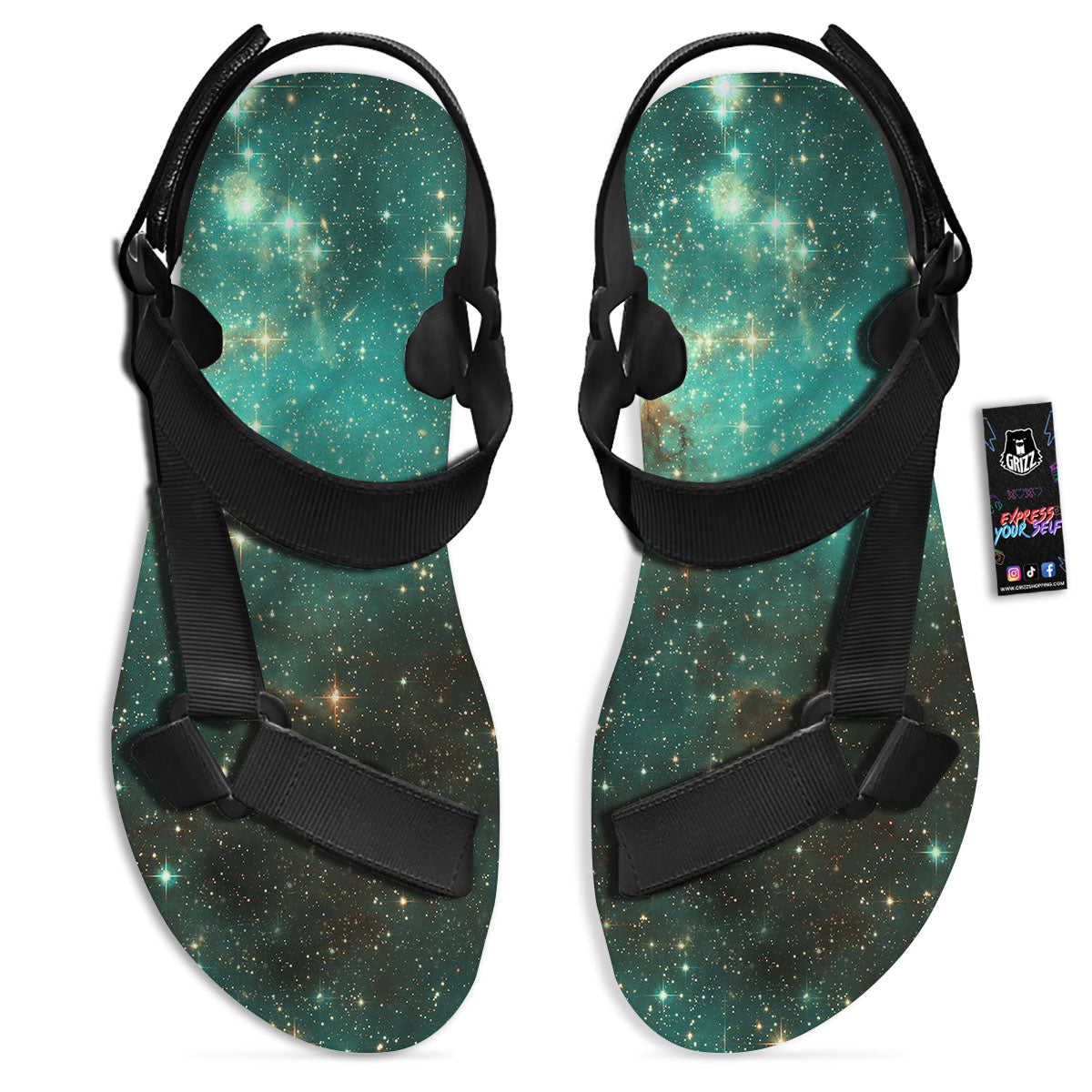 Galaxy Space Abstract Cloud Nebula Print Black Open Toe Sandals-grizzshop