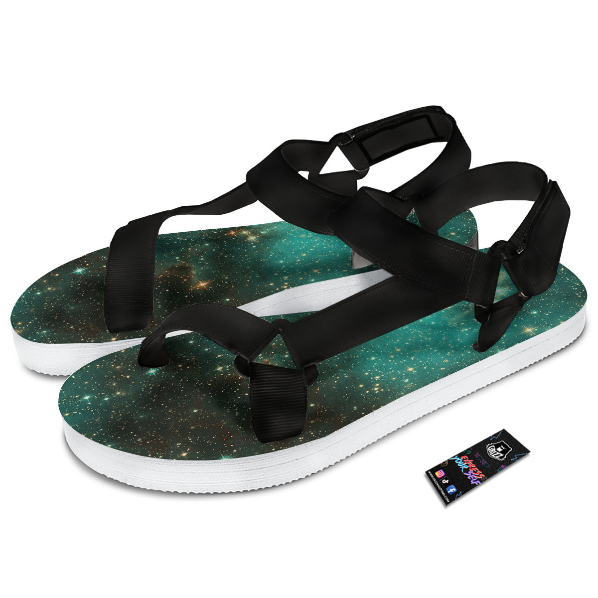 Galaxy Space Abstract Cloud Nebula Print Black Open Toe Sandals-grizzshop