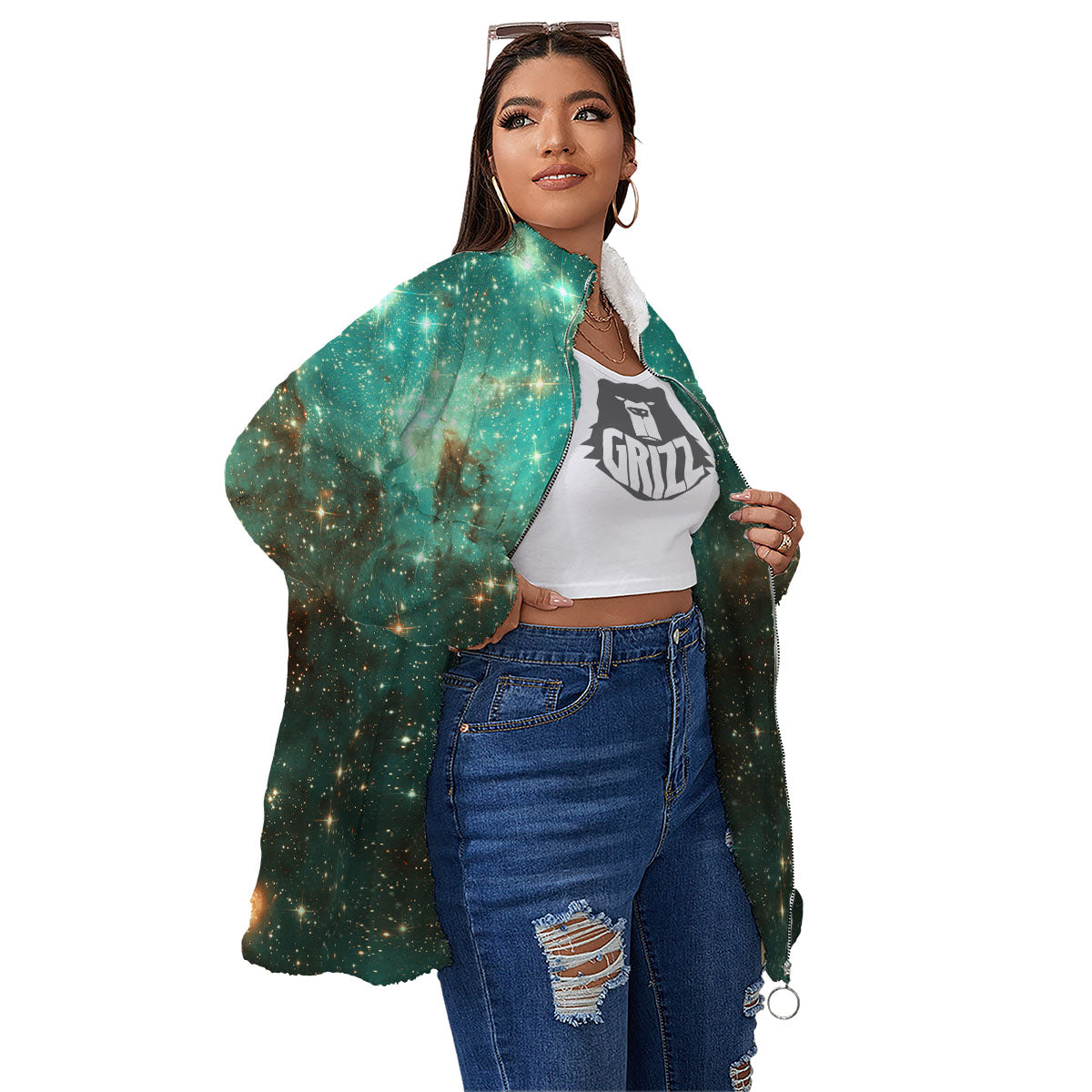 Galaxy Space Abstract Cloud Nebula Print Women's Sherpa Jacket-grizzshop
