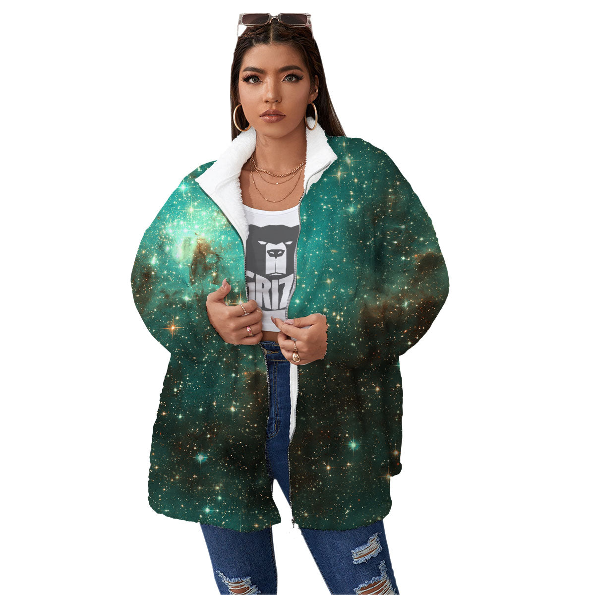 Galaxy Space Abstract Cloud Nebula Print Women's Sherpa Jacket-grizzshop