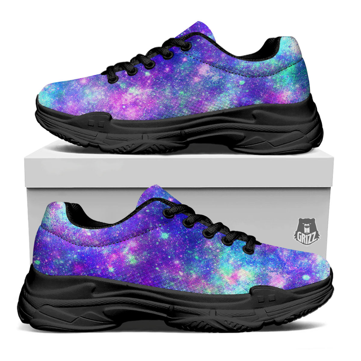 Galaxy Space Abstract Colorful Print Black Chunky Shoes-grizzshop