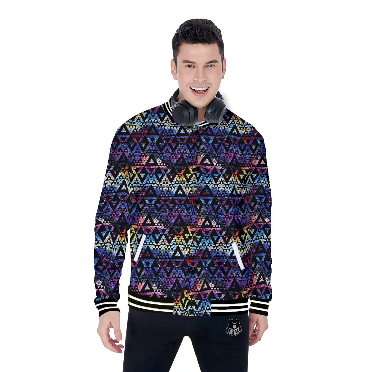 Galaxy Space Black Triangle Print Baseball Jacket-grizzshop