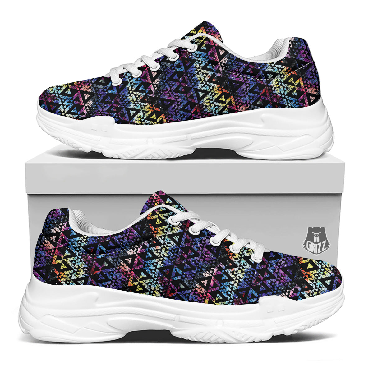 Galaxy Space Black Triangle Print White Chunky Shoes-grizzshop