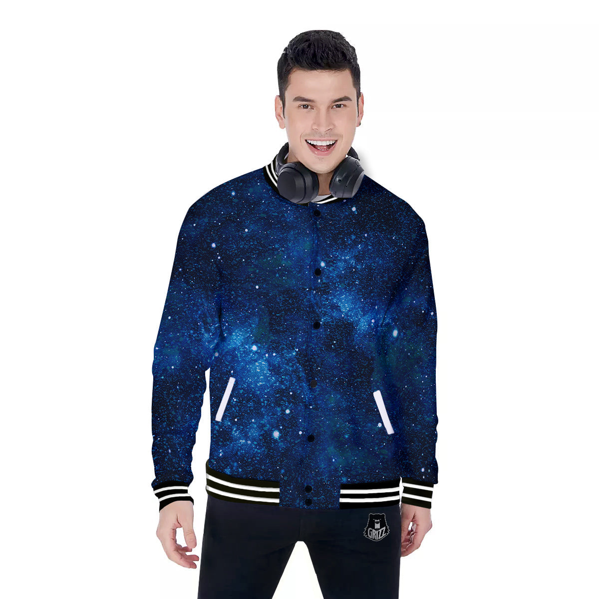 Galaxy Space Dark Blue Print Baseball Jacket-grizzshop