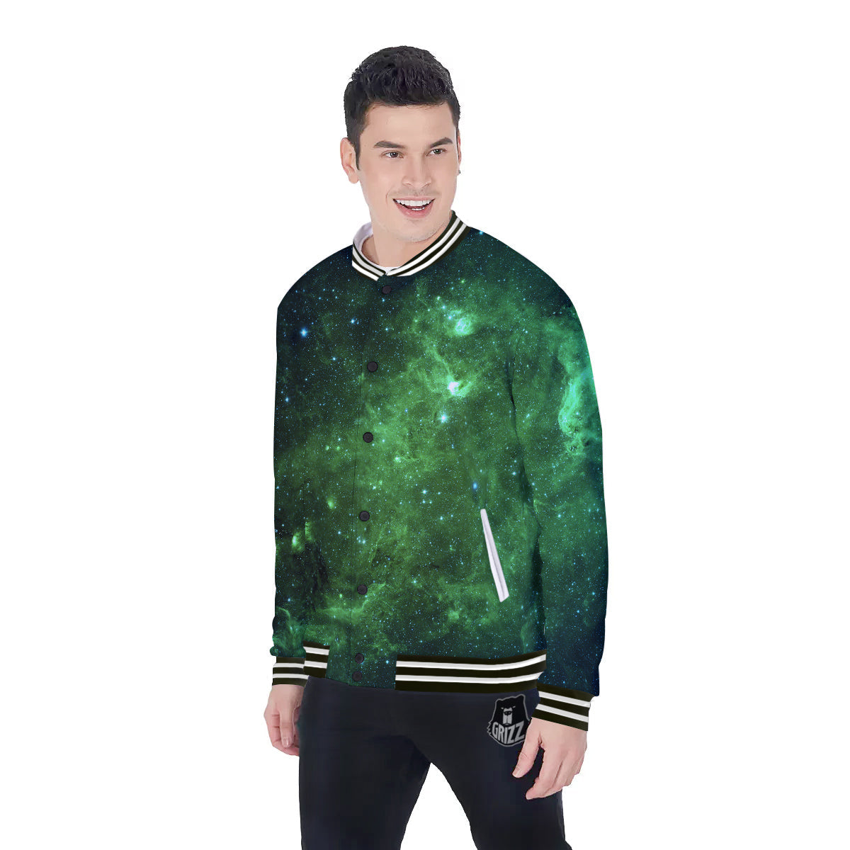 Galaxy Space Dark Green Print Baseball Jacket-grizzshop