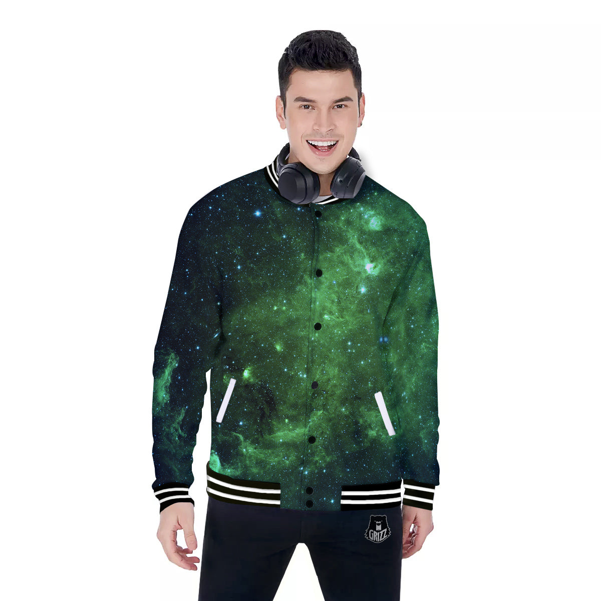 Galaxy Space Dark Green Print Baseball Jacket-grizzshop