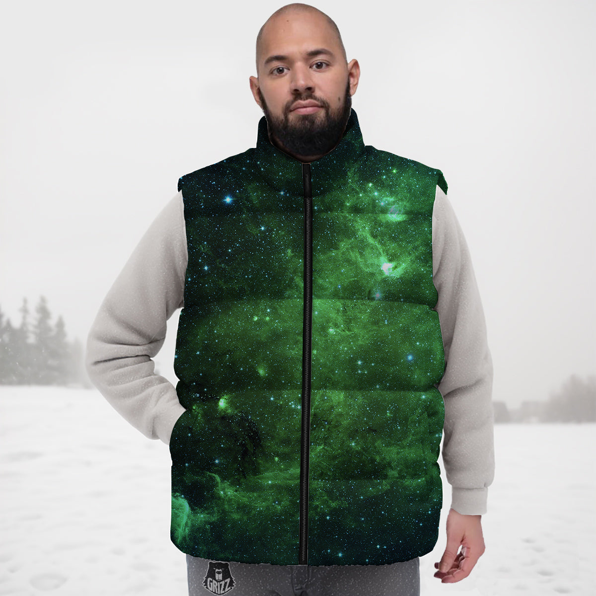 Galaxy Space Dark Green Print Down Vest