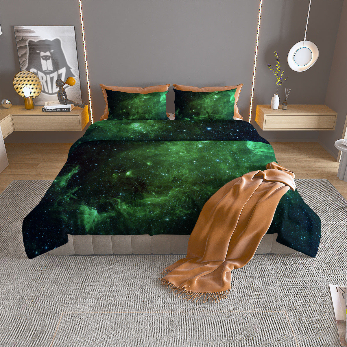 Galaxy Space Dark Green Print Duvet Cover Bedding Set