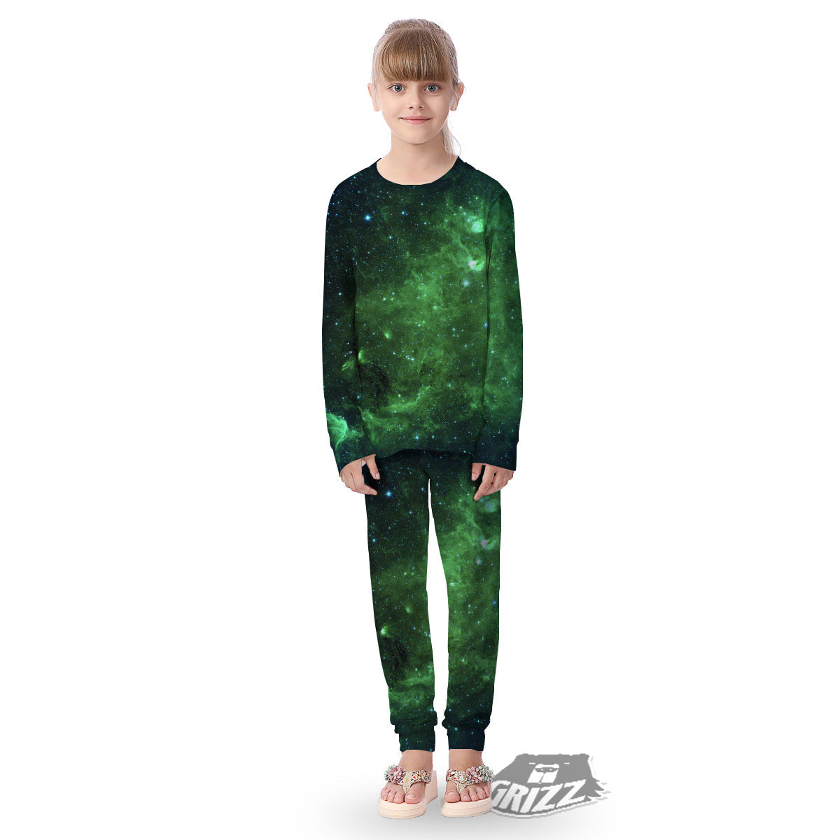 Galaxy Space Dark Green Print Kid's Pajamas-grizzshop