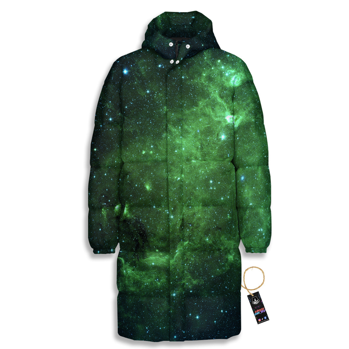Galaxy Space Dark Green Print Long Down Jacket-grizzshop