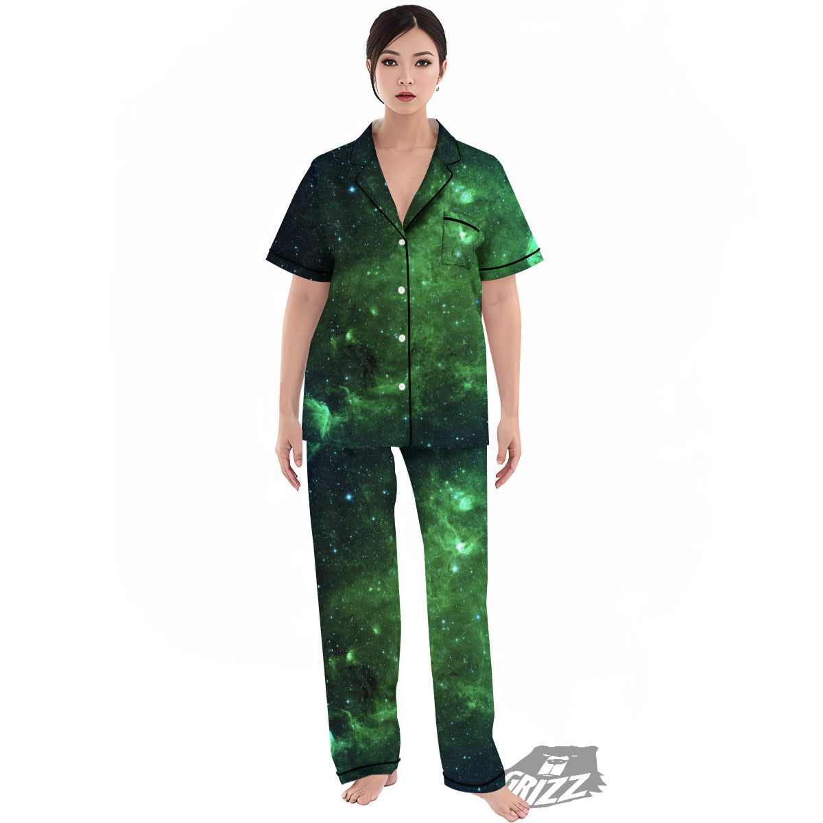 Galaxy Space Dark Green Print Women's Pajamas Set-grizzshop