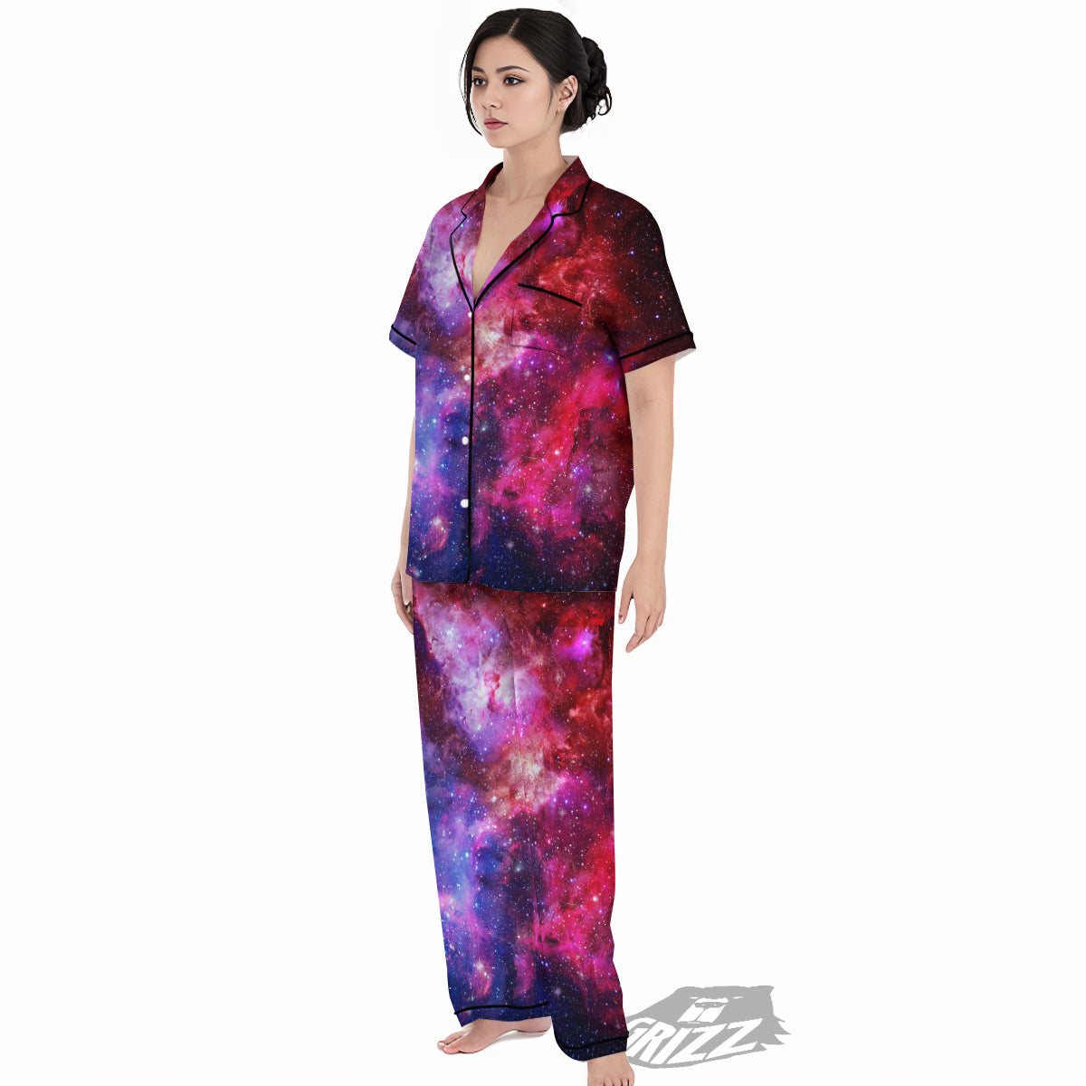 Galaxy Space Dark Purple Cosmos Print Women's Pajamas Set-grizzshop