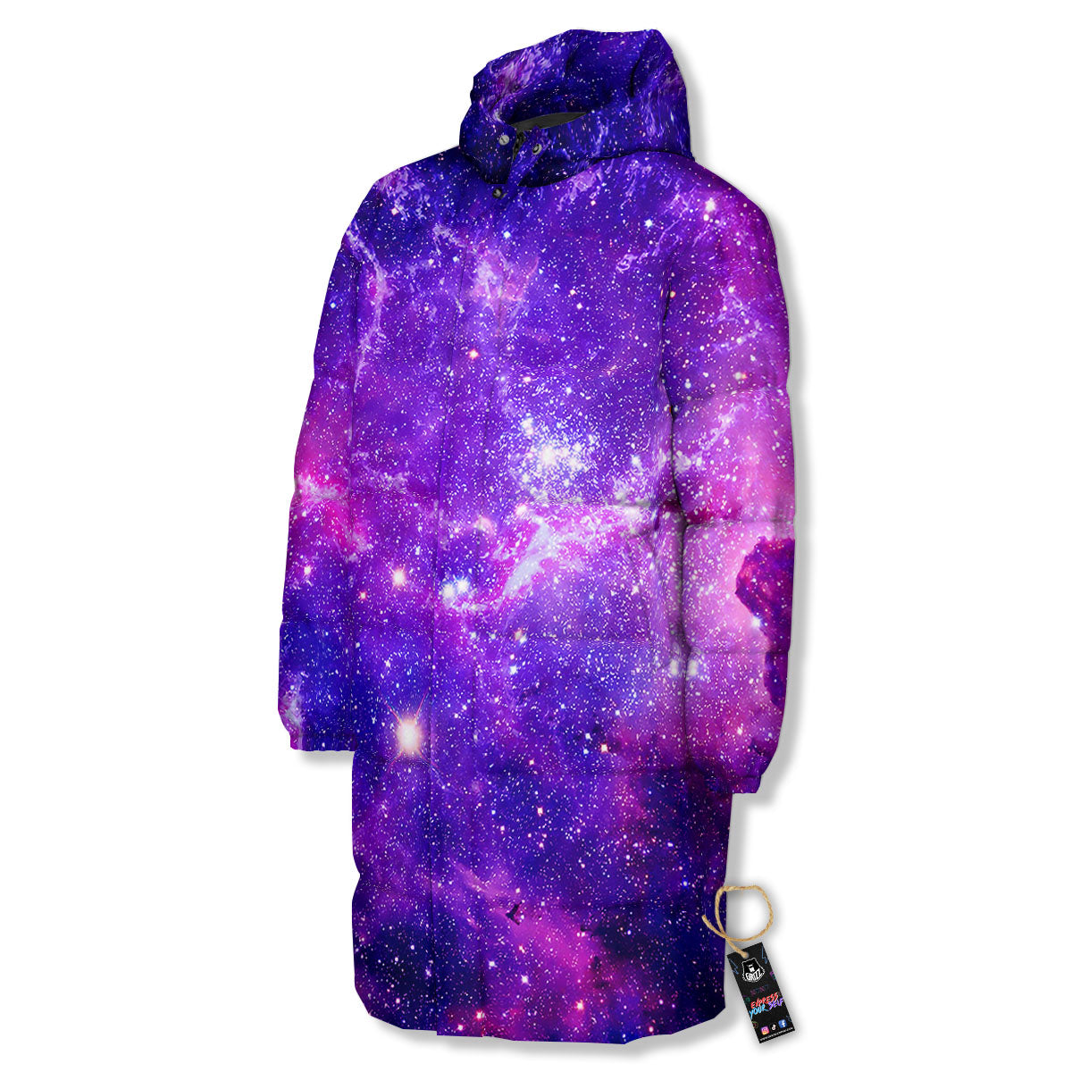 Galaxy Space Dark Purple Universe Print Long Down Jacket-grizzshop