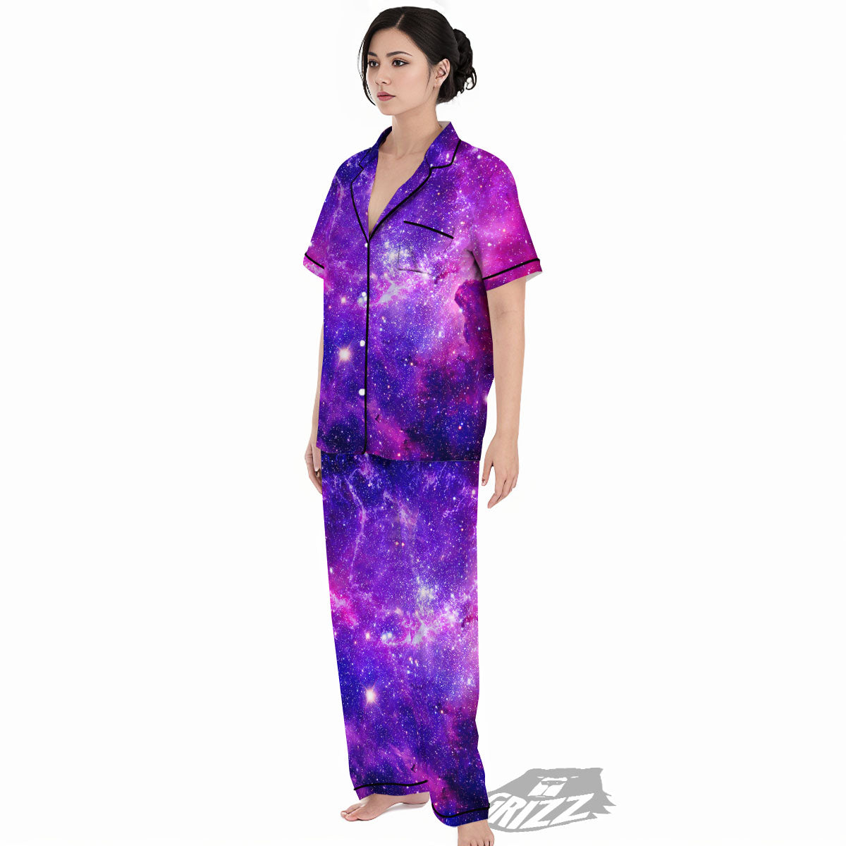 Galaxy Space Dark Purple Universe Print Women's Pajamas Set-grizzshop
