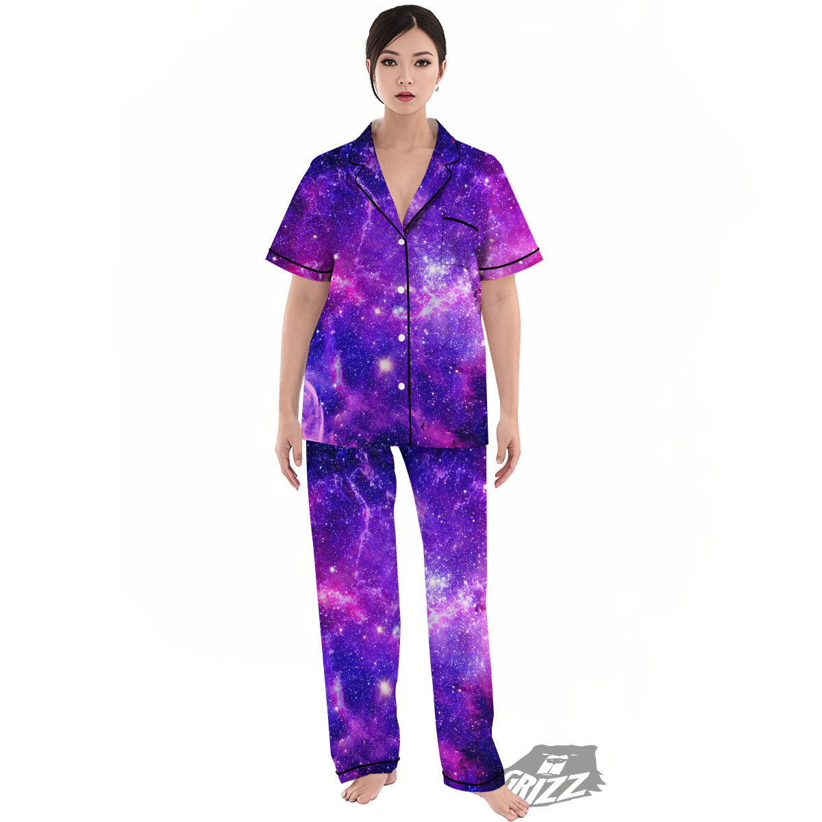 Galaxy Space Dark Purple Universe Print Women's Pajamas Set-grizzshop