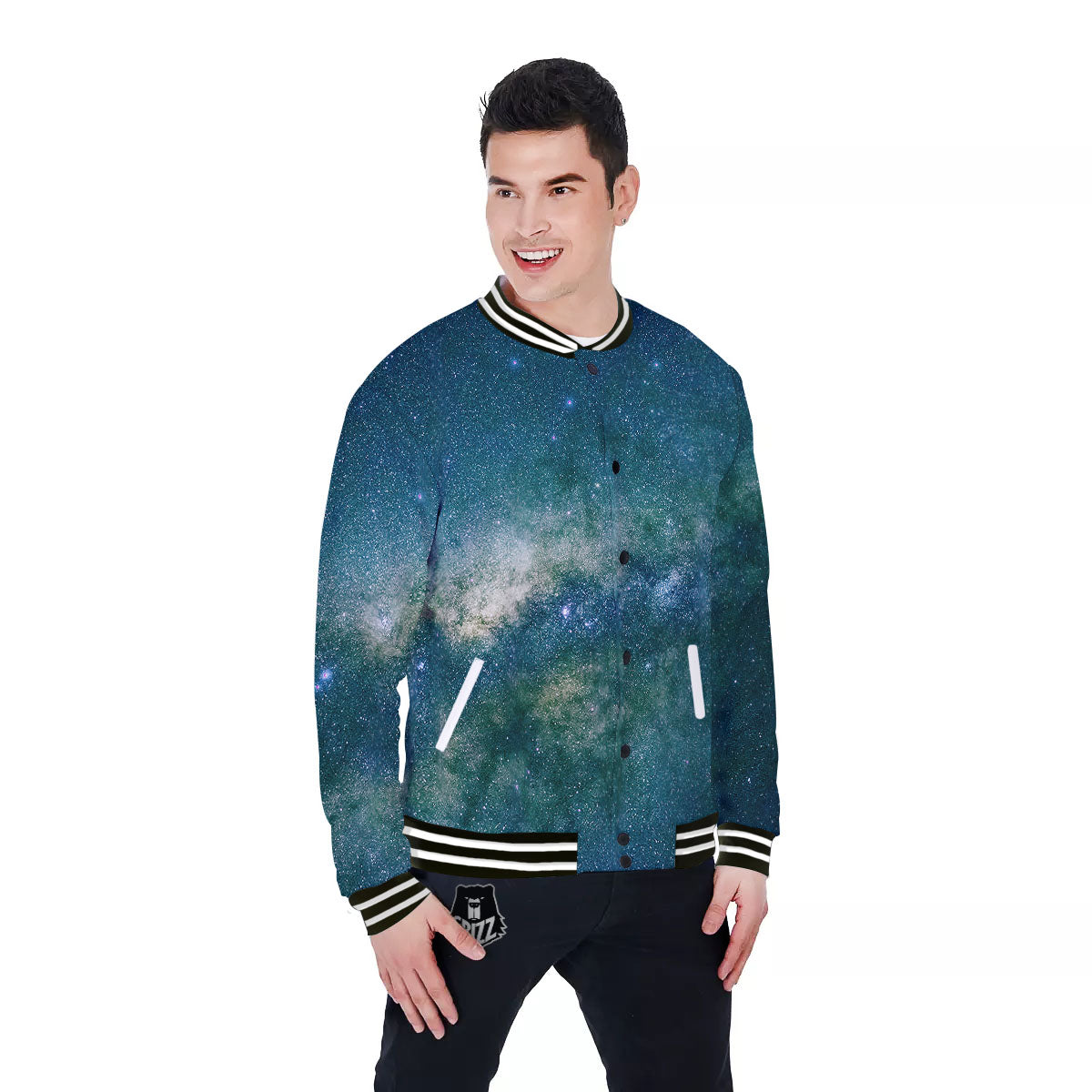 Galaxy Space Dark Teal Print Baseball Jacket-grizzshop