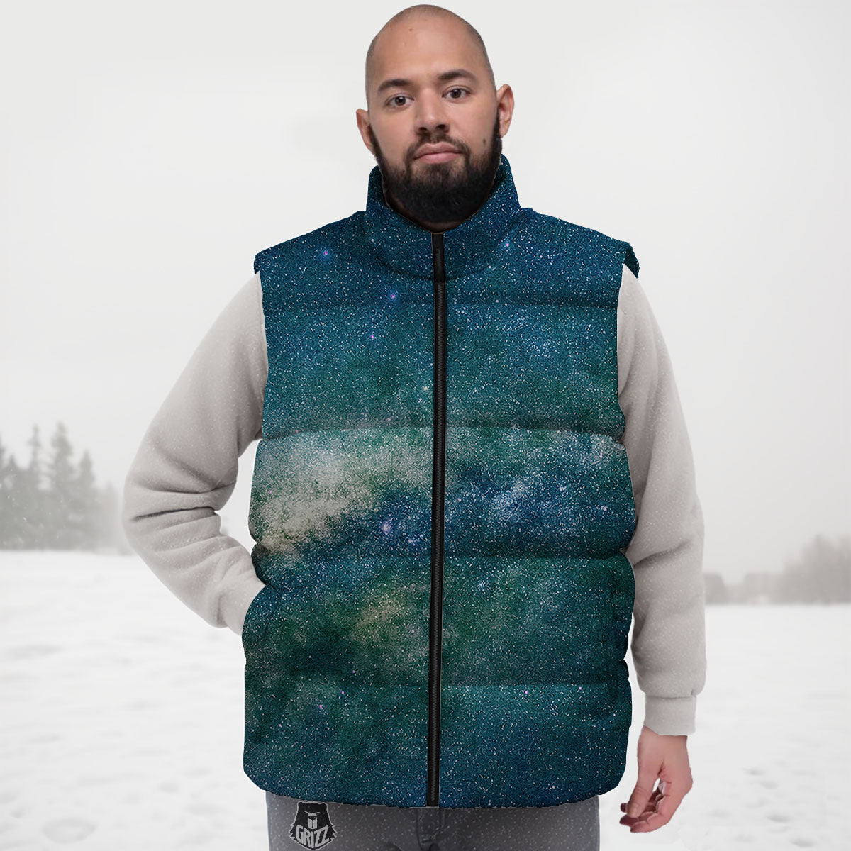 Galaxy Space Dark Teal Print Down Vest