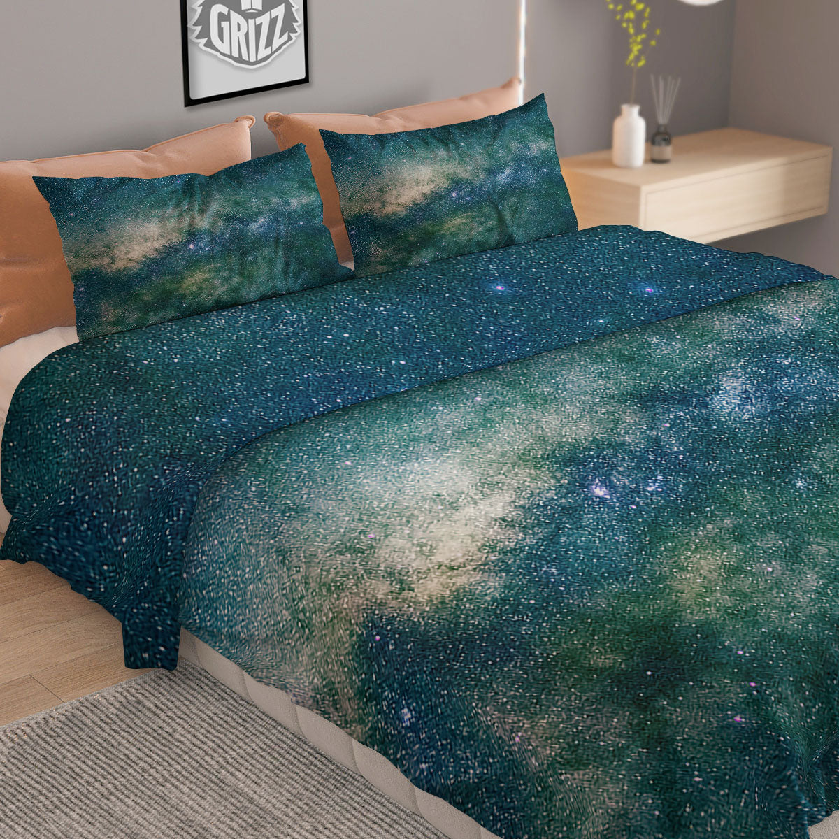 Galaxy Space Dark Teal Print Duvet Cover Bedding Set