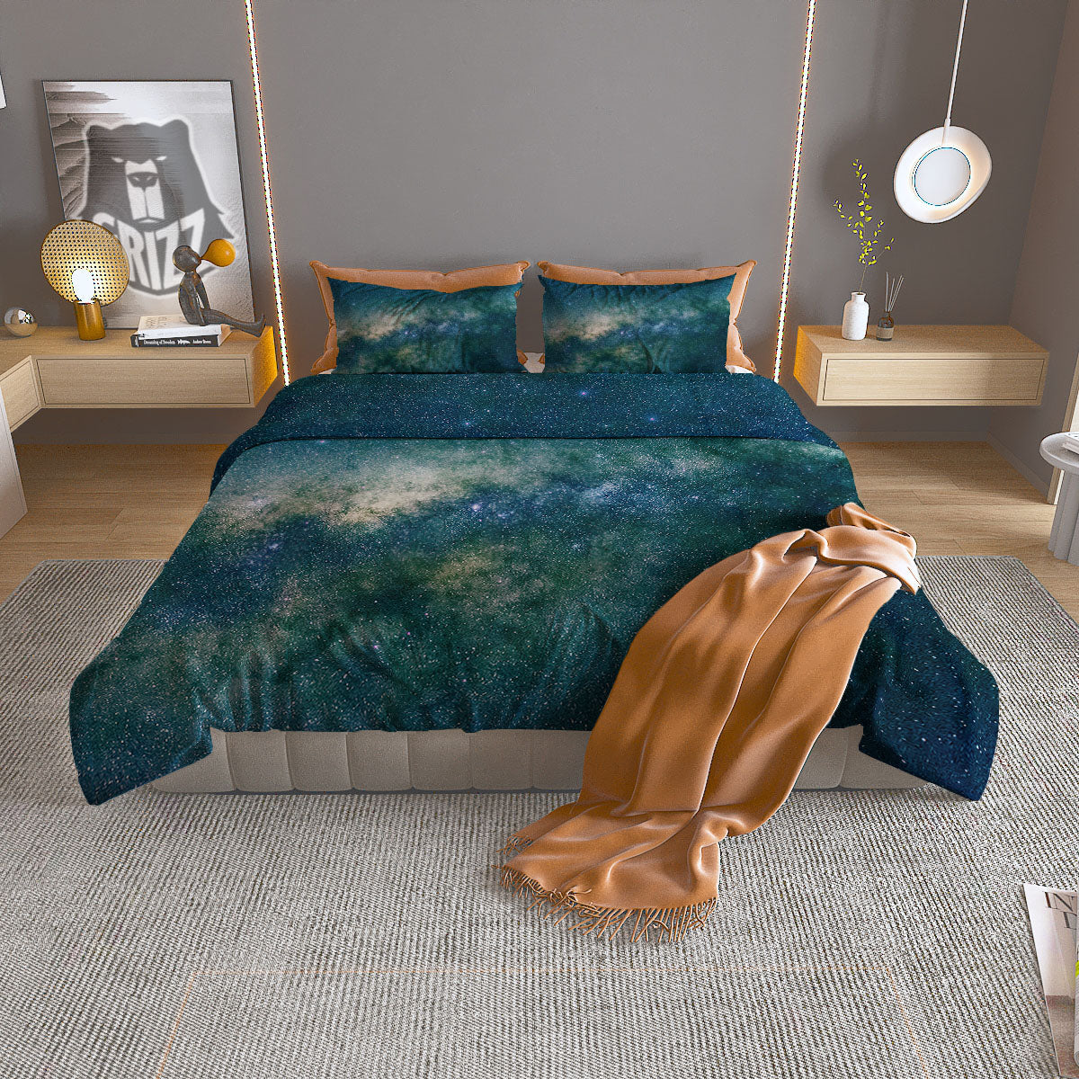 Galaxy Space Dark Teal Print Duvet Cover Bedding Set