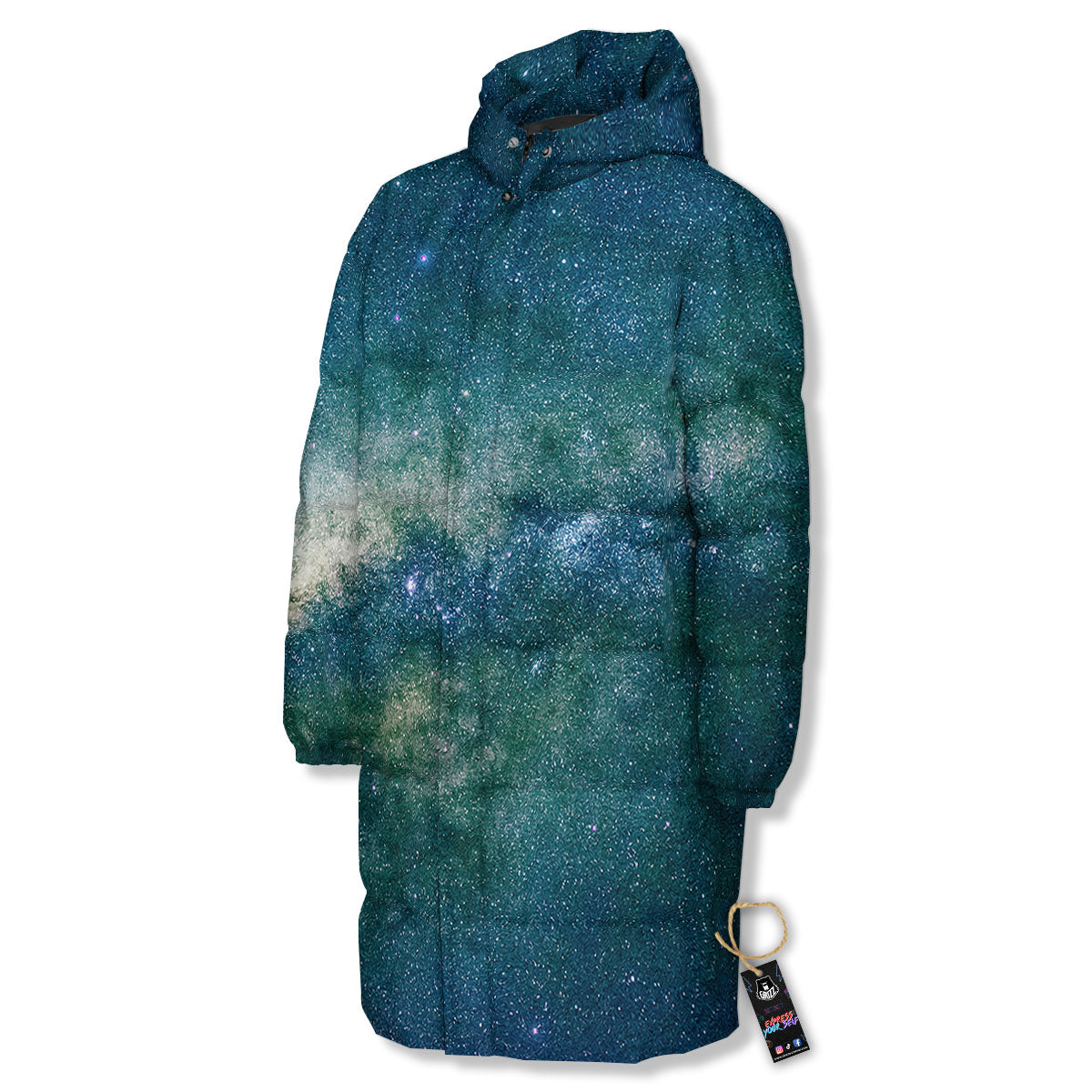 Galaxy Space Dark Teal Print Long Down Jacket-grizzshop