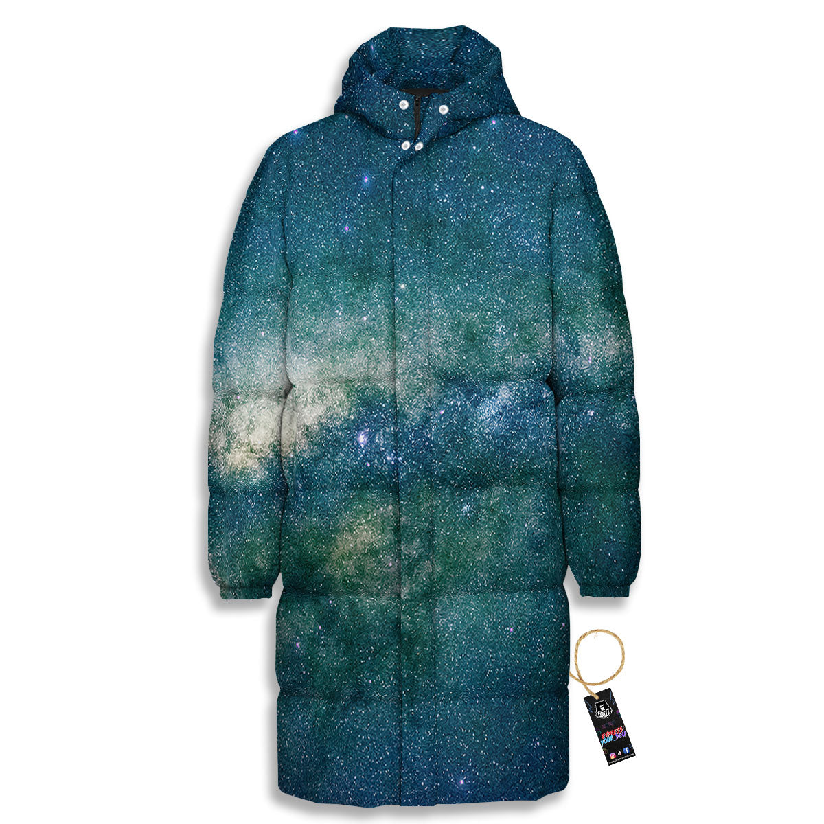 Galaxy Space Dark Teal Print Long Down Jacket-grizzshop