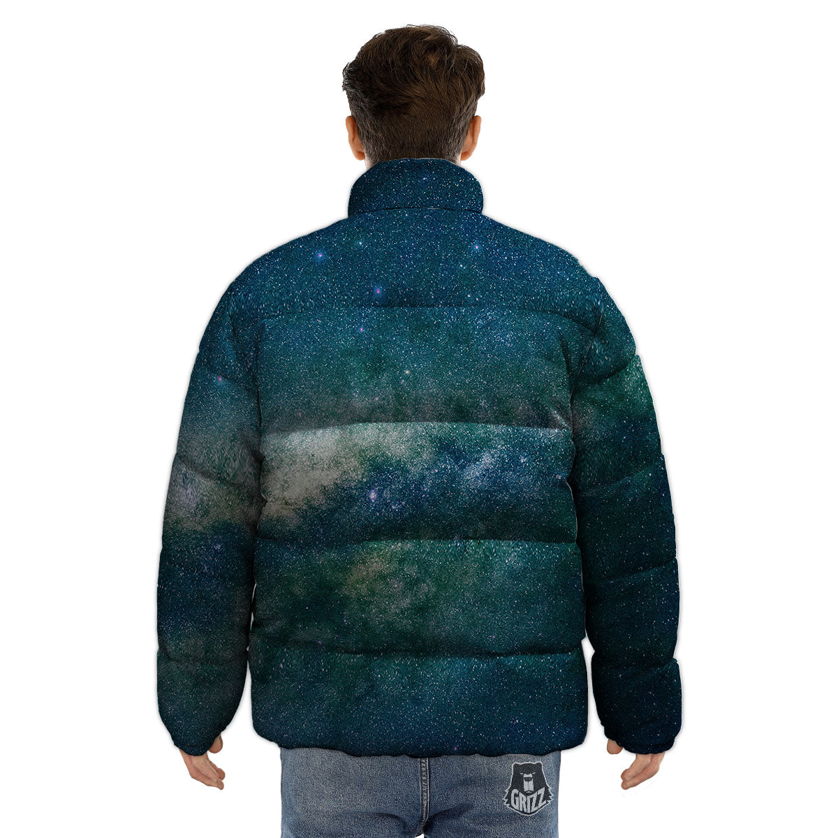 Galaxy Space Dark Teal Print Puffer Jacket-grizzshop
