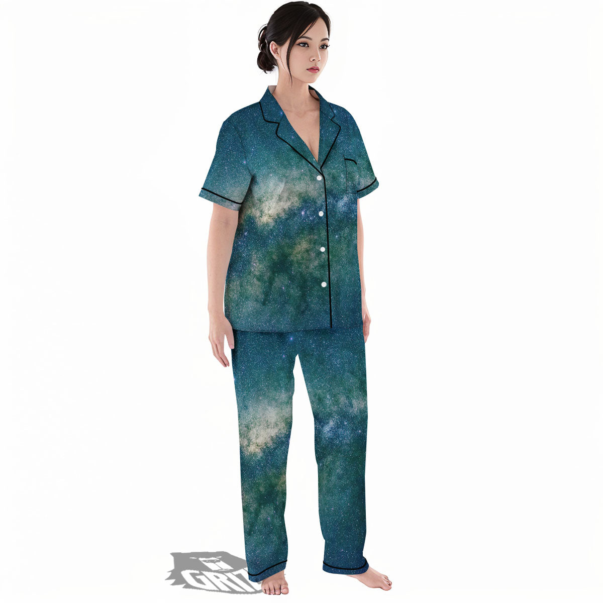 Galaxy Space Dark Teal Print Women's Pajamas Set-grizzshop