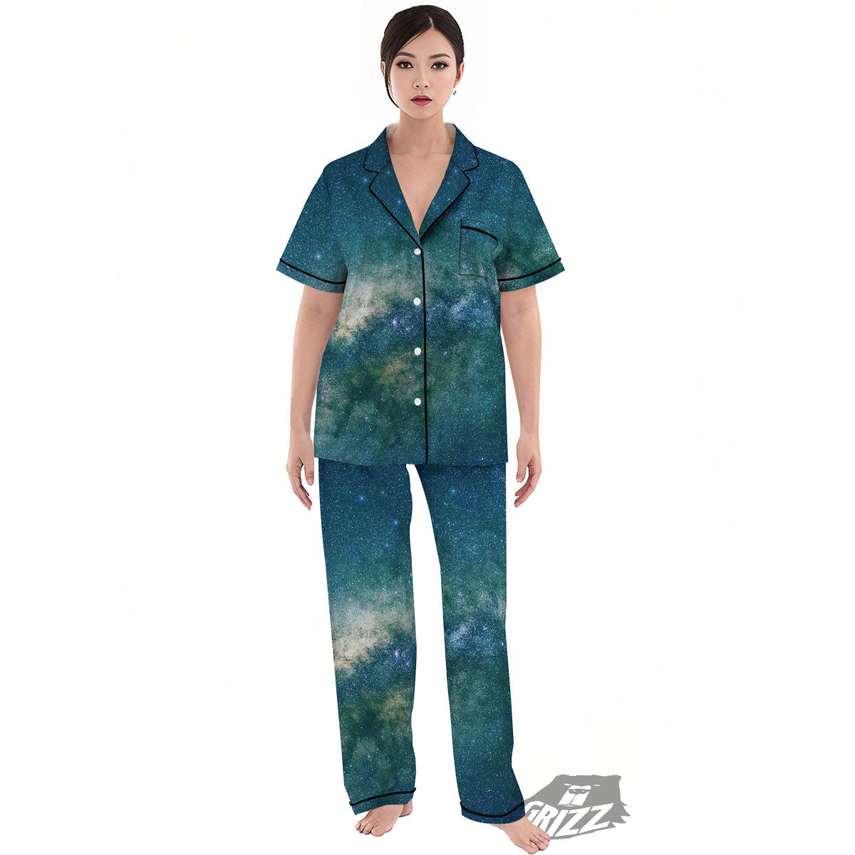 Galaxy Space Dark Teal Print Women's Pajamas Set-grizzshop