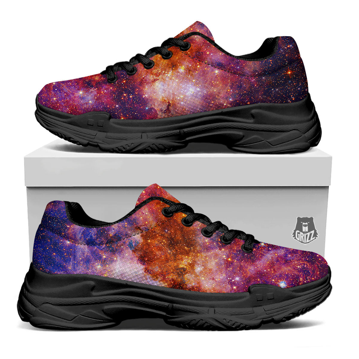 Galaxy Space Fiery Nebula Universe Print Black Chunky Shoes-grizzshop