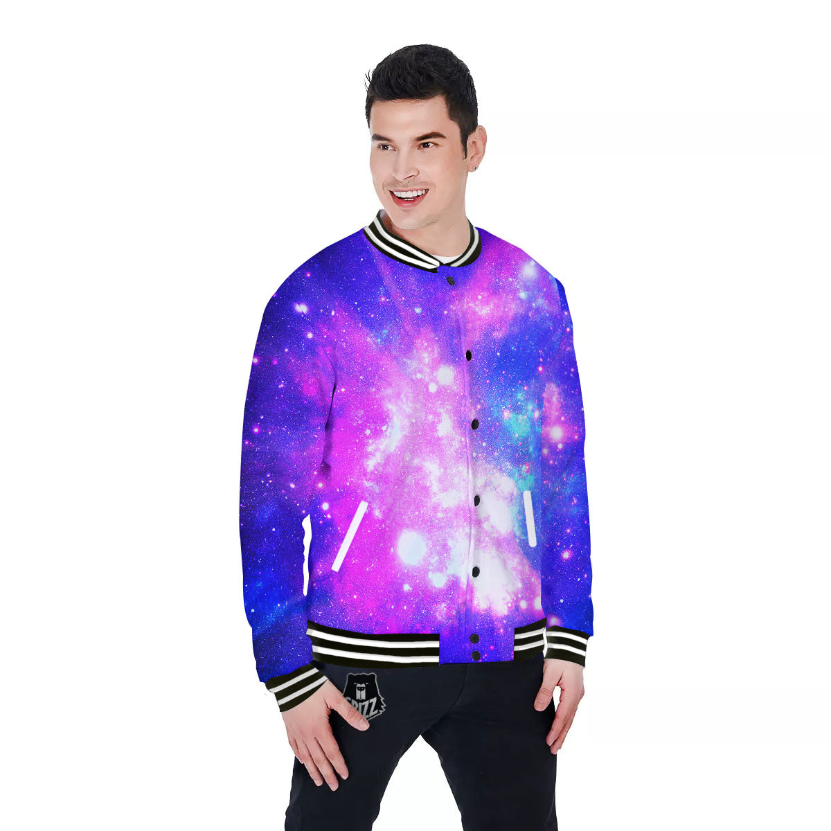 Galaxy Space Purple Bursting Print Baseball Jacket-grizzshop