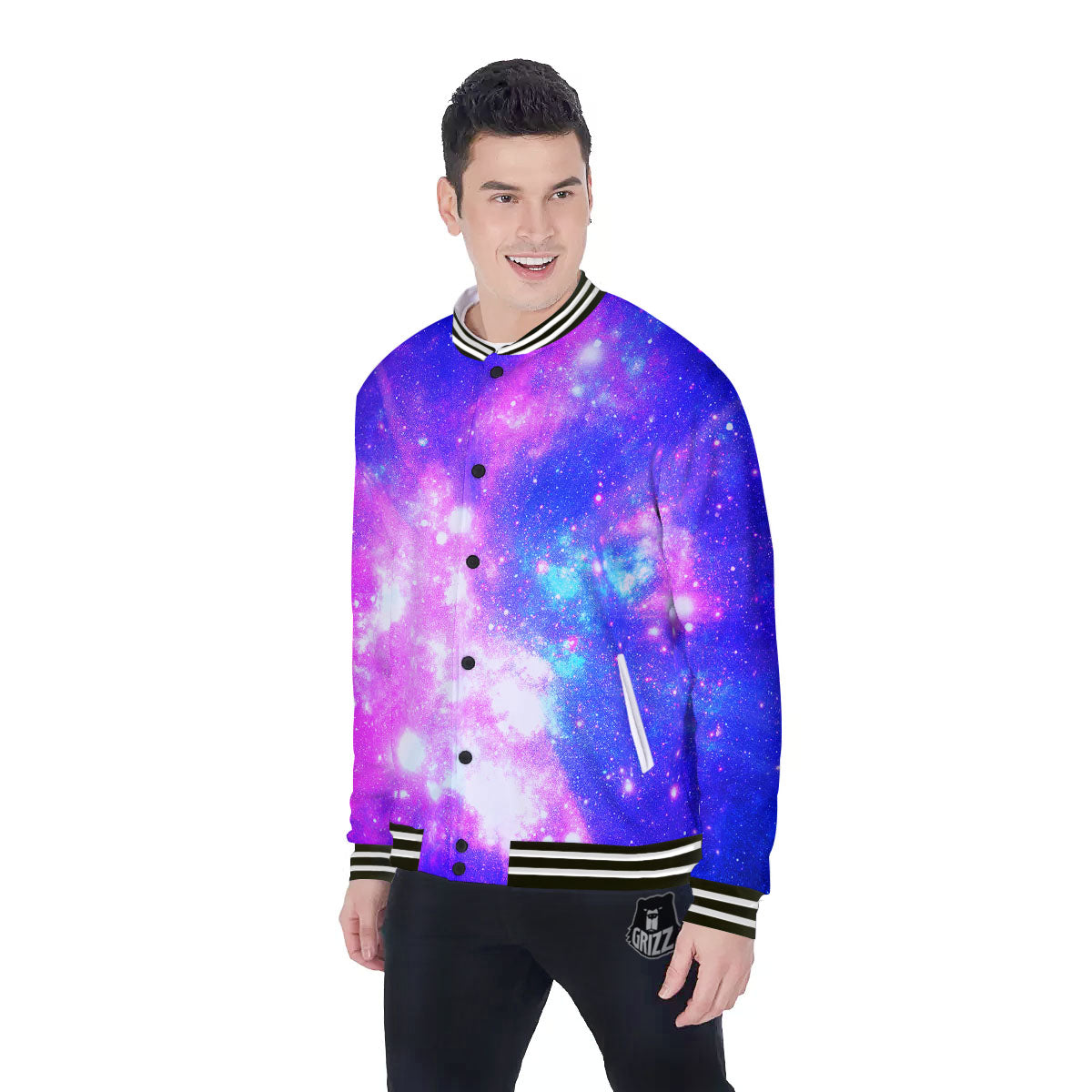 Galaxy Space Purple Bursting Print Baseball Jacket-grizzshop