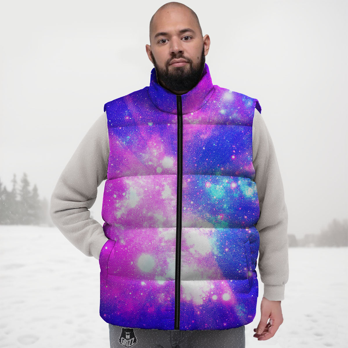 Galaxy Space Purple Bursting Print Down Vest