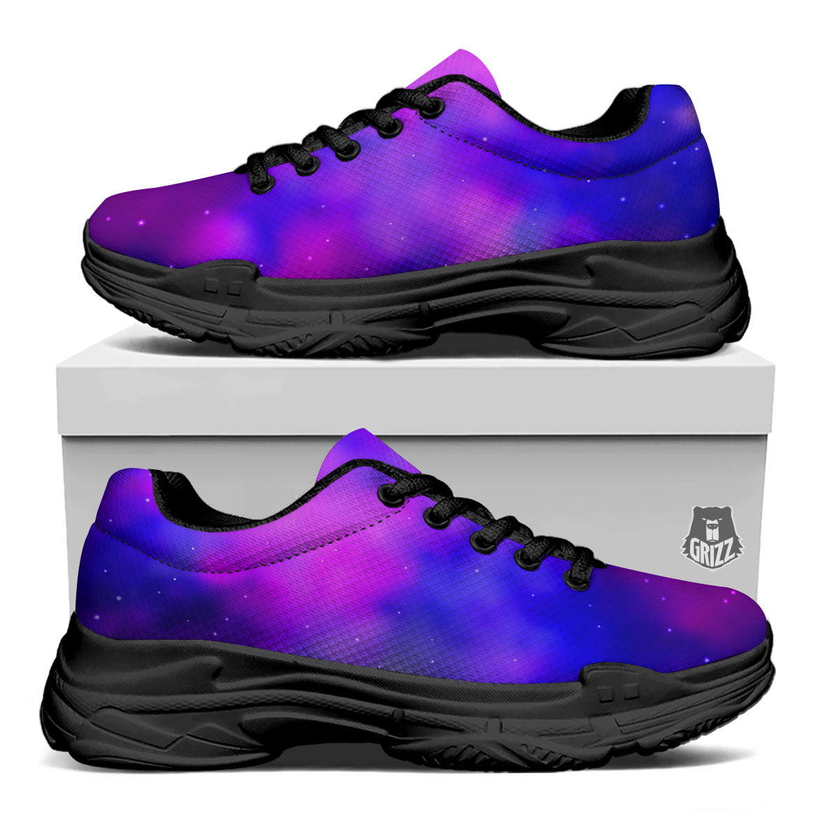 Galaxy Space Purple Nebula Cloud Print Black Chunky Shoes-grizzshop