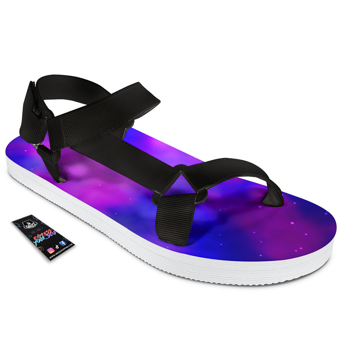 Galaxy Space Purple Nebula Cloud Print Black Open Toe Sandals-grizzshop