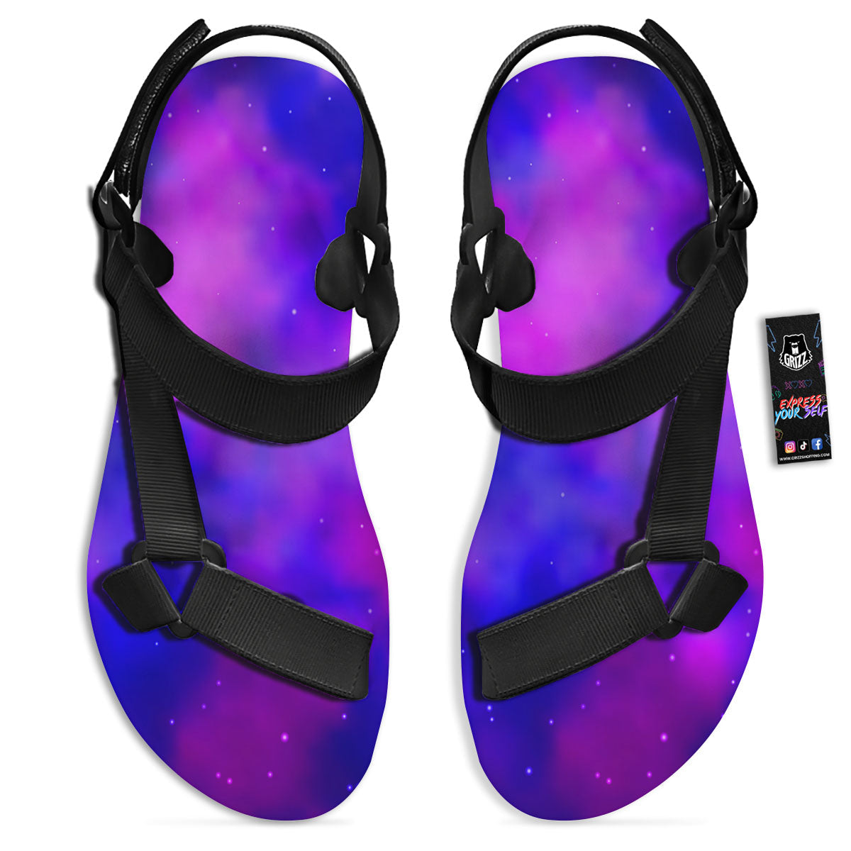 Galaxy Space Purple Nebula Cloud Print Black Open Toe Sandals-grizzshop