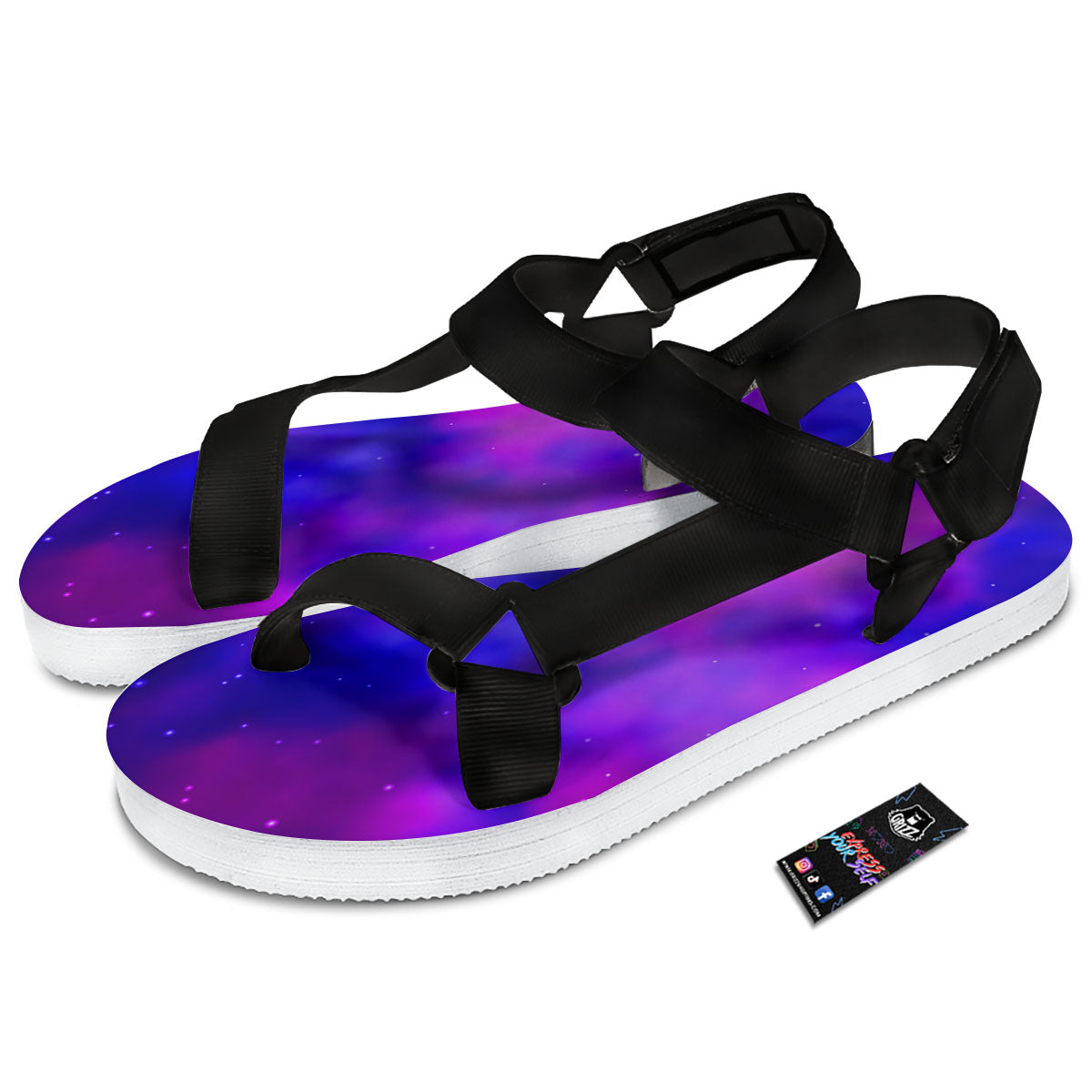 Galaxy Space Purple Nebula Cloud Print Black Open Toe Sandals-grizzshop