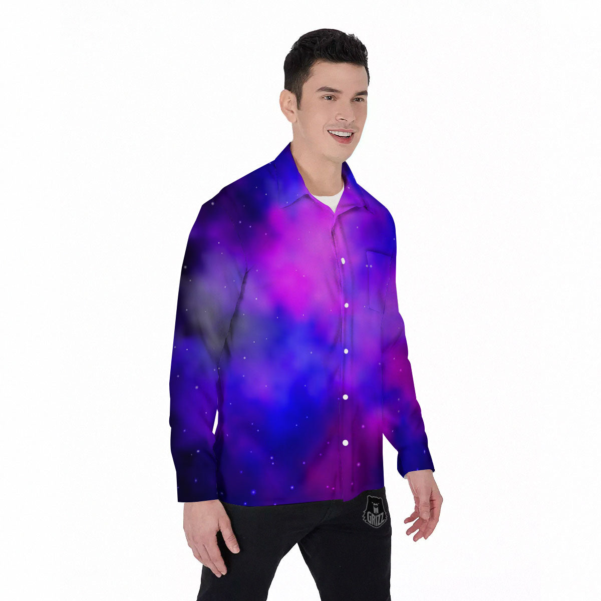 Galaxy Space Purple Nebula Cloud Print Men's Long Sleeve Shirts-grizzshop