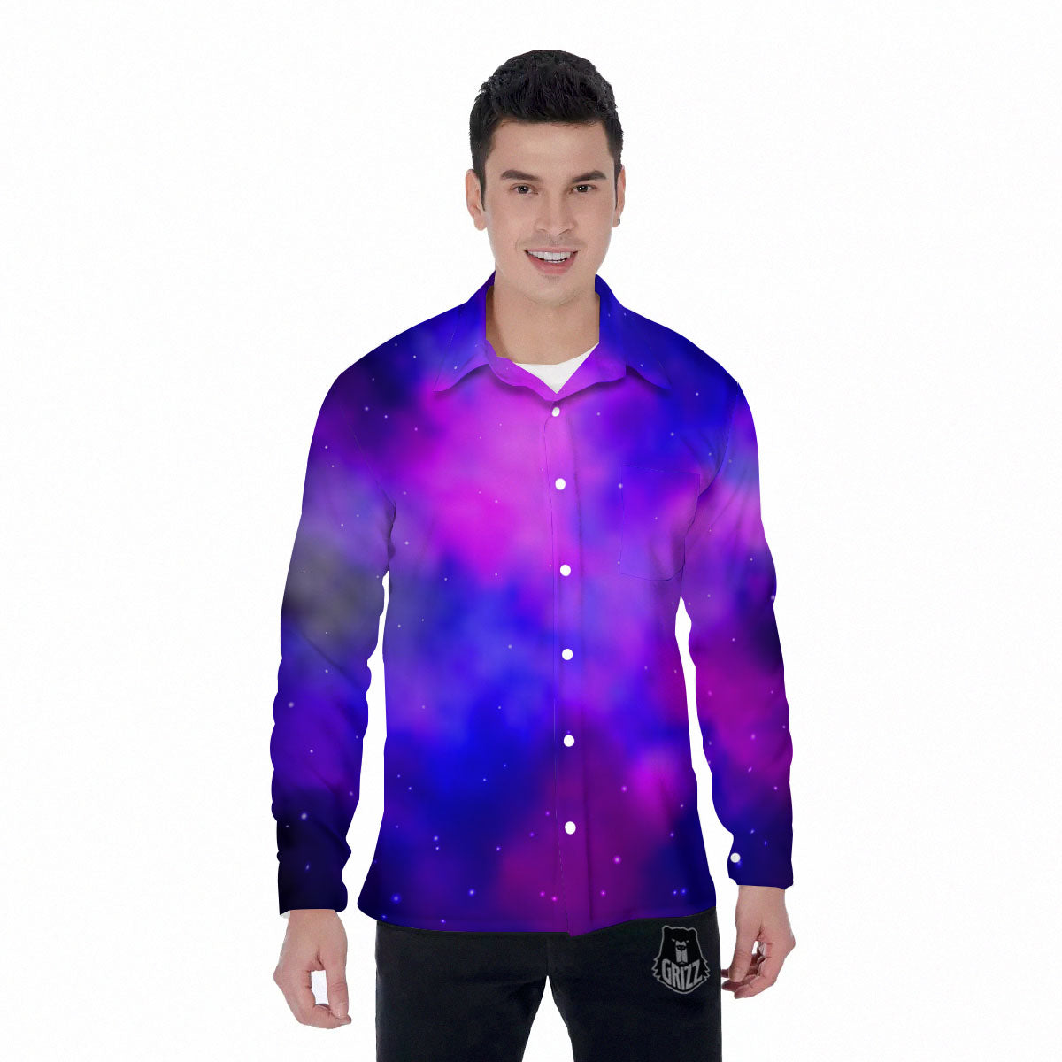 Galaxy Space Purple Nebula Cloud Print Men's Long Sleeve Shirts-grizzshop