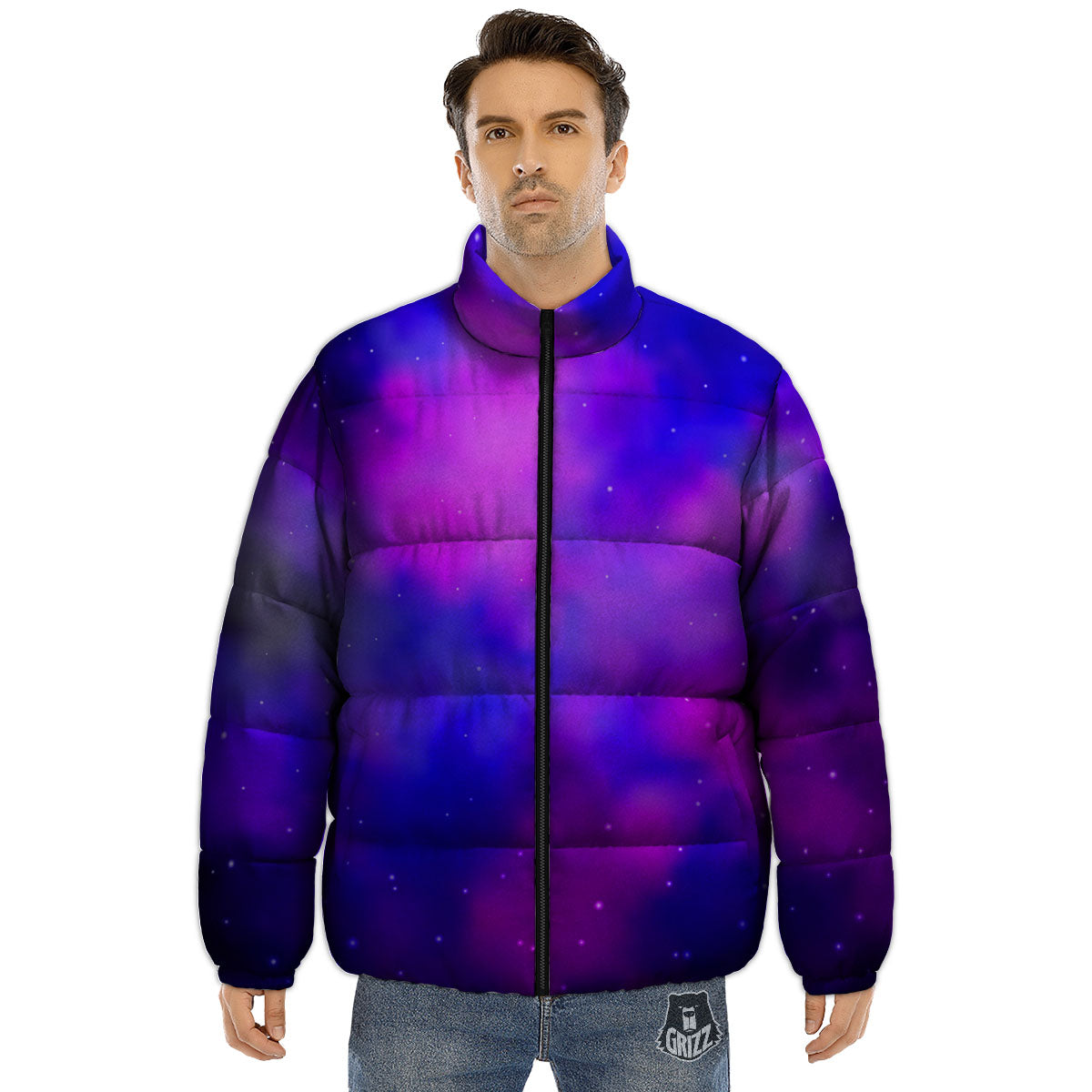 Galaxy Space Purple Nebula Cloud Print Puffer Jacket-grizzshop